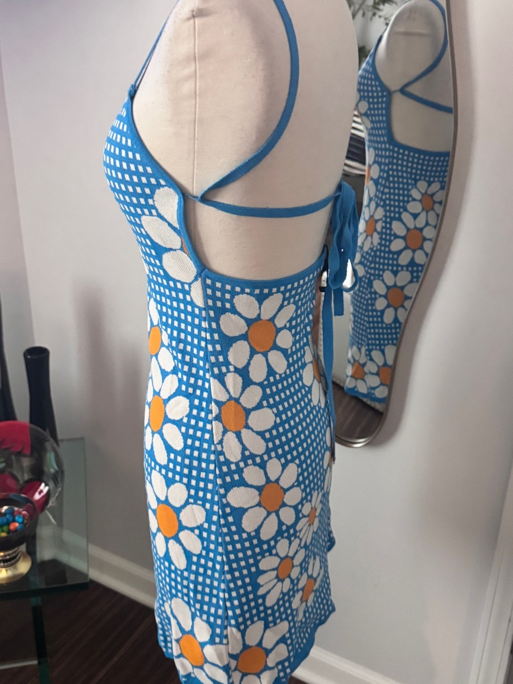 Zara Blue Daisy Jacquard Open-Back Knit Mini Dress